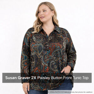 Susan Graver Liquid Knit Paisley Tunic Top 2X Plus Button Front Stretch Travel C